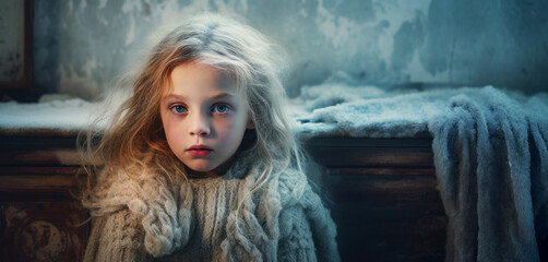 A frozen little girl is warming herself by the radiator near big wall. Winter concept