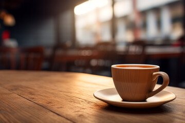 Obraz premium a cup of coffee placed on a saucer on a wooden table, blurred background inside a cafe space with sunlight passing through the glass door
