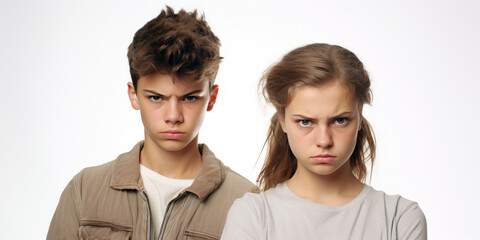 Frustrated adolescents show stress in furrowed brows and tense expressions, with eyes reflecting academic challenges and mouths tight from family expectations