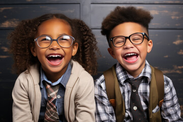 Cute little girl and boy wearing glasses and ties laugh loudly, behind is an old wooden wing - obrazy, fototapety, plakaty