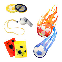 Soccer football red yellow card whistle comet ball and coins watercolor drawing. Warning penalty judge cards with pentagon ball picture isolated on white background