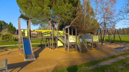 Wooden steel playground children play area with slide bridge and cabin swingset