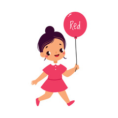 Cheerful Girl with Red Color Balloon Walking Vector Illustration