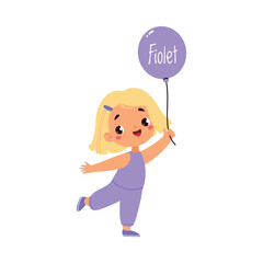 Cheerful Girl with Violet Color Balloon Standing Vector Illustration