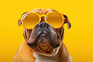 This adorable dog with yellow glasses is the epitome of summer vibes, making it ideal for your seasonal and fashion-related designs. is AI Generative.
