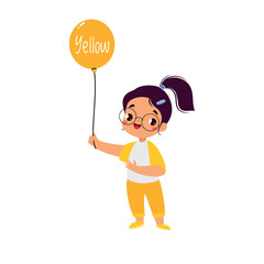 Cheerful Girl with Yellow Color Balloon Standing Vector Illustration