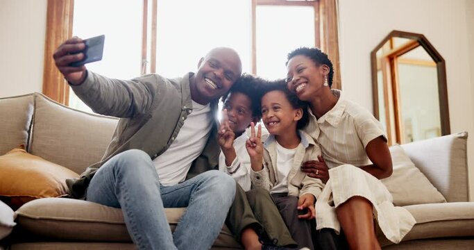 Happy black family, relax and selfie for photography, picture or memory together on sofa at home. Face of African mother, father and children smile in photograph, social media or living room at house