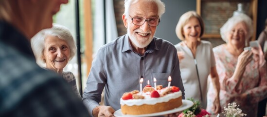 Elderly man happily brings homemade birthday cake to wife and friends at party.