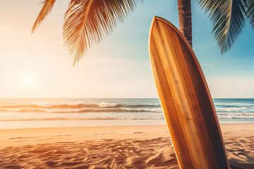 Surfing paradise on a tropical beach - a surfboard by a palm tree under the bright sun and blue sky. AI Generative.
