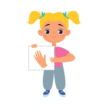 Little Girl Holding Card with Hand Body Part Vector Illustration
