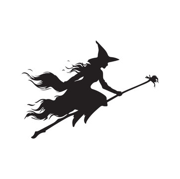 Witch  black   silhouette on  broomstick isolated on white background. Vector illustration.