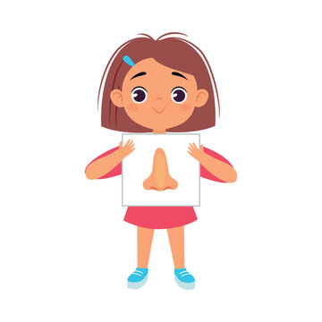 Little Girl Holding Card with Nose Body Part Vector Illustration