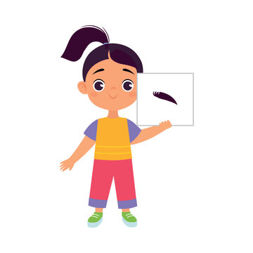 Little Girl Holding Card with Eyebrow Body Part Vector Illustration