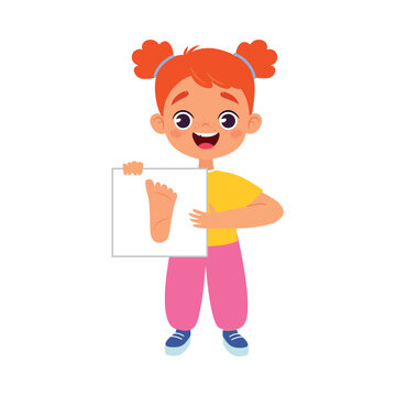 Little Girl Holding Card with Foot Body Part Vector Illustration