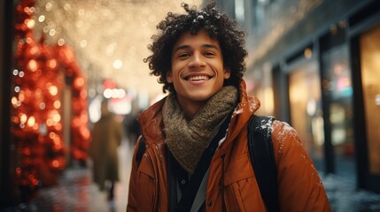 Portrait of a smiling hispanic young man in the street with Christmas lights at the background, bokeh lights out of focus, winter festive candid shot, guy smile under snow - obrazy, fototapety, plakaty