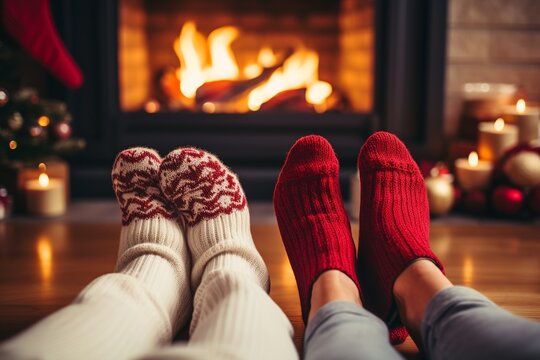 close up on the feet of a couple warming up their feet close to the fire of the chimney or fireplace, foot with Christmas socks, romantic cozy scene