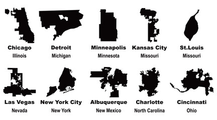 Layered editable vector illustration of map outlines of ten US cities