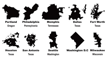 Layered editable vector illustration of map outlines of ten US cities - obrazy, fototapety, plakaty