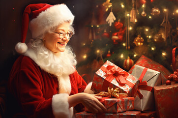Fototapeta na wymiar Mrs Santa puts gifts under the Christmas tree postcard