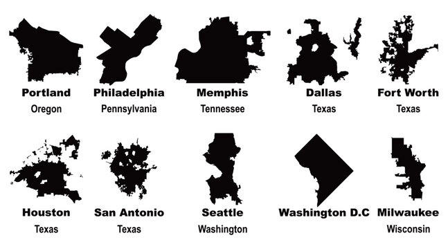Layered editable vector illustration of map outlines of ten US cities