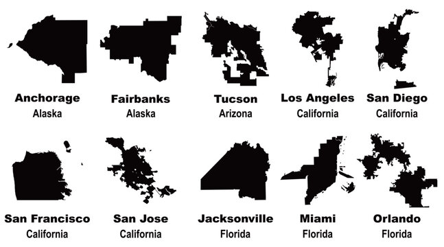 Layered editable vector illustration of map outlines of ten US cities