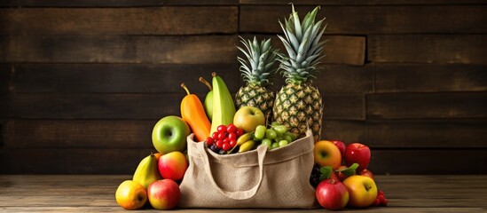 Abundant variety of ripe tropical fruit overflowing from reusable bag onto wooden surface,...