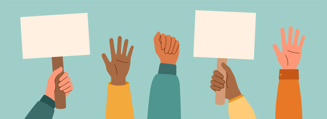 Set of arms raised up, hands with banners, isolated on a white background. Concept of struggle for rights. Concept of racial diversity. - obrazy, fototapety, plakaty