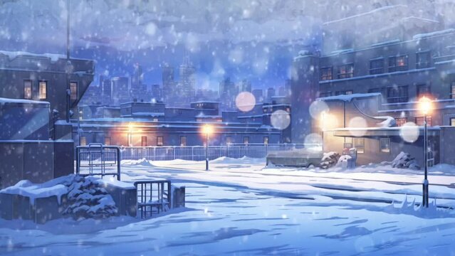 City in winter, snowfall in the city at night with sky and stars background. Anime illustration style. Smooth looping time-lapse animation background. Generated with AI