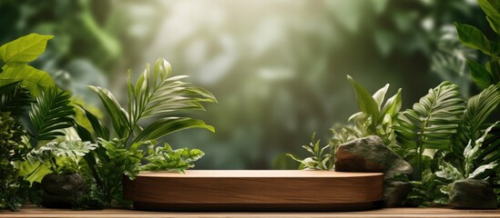 Biophilic design showcase with wooden podium, lush backdrop, and selective focus for product presentation.