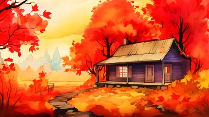 Poster Autumn landscape with wooden house in the forest.  © suwandee