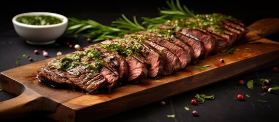 Flank steak grilled with chimichurri on table. - obrazy, fototapety, plakaty