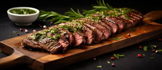  Flank steak grilled with chimichurri on table. © 2rogan