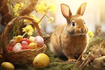 Fototapeta na wymiar Easter bunny with a basket of eggs, Easter background