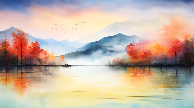 Autumn landscape with lake and mountains. Digital watercolor painting.	
