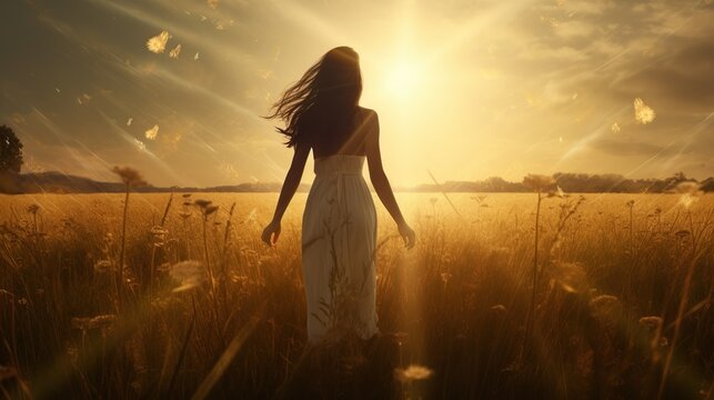 Girl walking in the meadow on the grass in the rays of the setting sun. Concept of women's dreams, success, travel, flight.