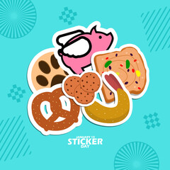 National Sticker Day event banner. Several stickers depict cakes and a flying pig, with bold text on light blue background to celebrate on January 13