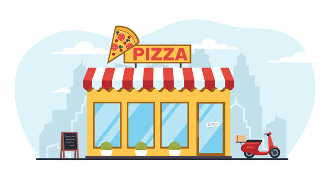 Pizzeria building in city. Italian restaurant facade. Front view cafe. Fastfood construction. Delivery scooter. Urban architecture with glass door and windows. Cartoon flat vector concept