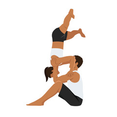 Young couple doing acro yoga. Acro yoga concept. Pair yoga. Yoga flexibility class workout. Flat vector illustration isolated on white background