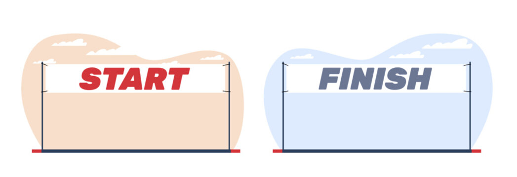 Start and finish banners. Flags for marathon or racing, triathlon and skiing competition. Equipment for sportsground and stadium. Racetrack pennant. Cartoon flat isolated vector concept