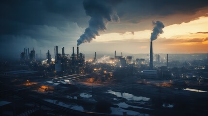 A bird's-eye view of a suburban industrial landscape with heavy pollution caused by large factories.