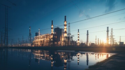 A Main power plants and power generators High voltage poles in power plants Energy and energy saving concepts.