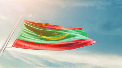 Mauritania national flag cloth fabric waving on the sky - Image