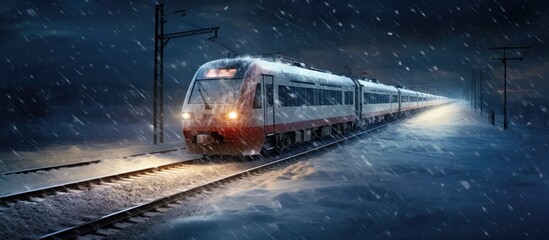 Arrival of evening train hindered by snowstorm. Snow blockades affect passenger transportation. - obrazy, fototapety, plakaty