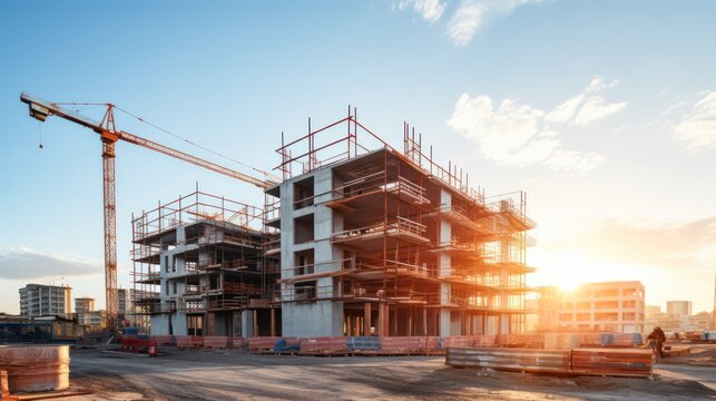 Construction background: A Construction site of large residential commercial building, some already built, large metal structure with bright sky background.