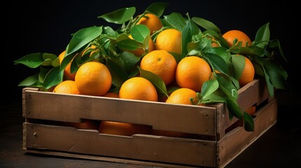A Fresh mandalin oranges in wooden crates, on isolated background, water droplets on the surface, fresh harvest concept.