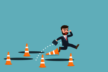 Smart businessman jump through many pitfalls to achieve business success. Obstacles and hardships. Courage to overcome mistakes or business failures. Problem-solving skills and creativity.