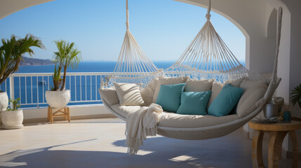 Fototapeta na wymiar Breezy Retreat: Seaside Villa Balcony