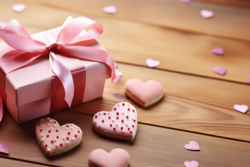 pink gift box and heart shape cookies, beautiful background for valentine's day - obrazy, fototapety, plakaty