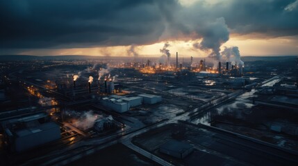 A bird's-eye view of a suburban industrial landscape with heavy pollution caused by large factories.