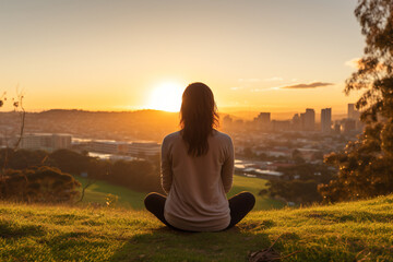 a woman sitting on a hill looking at the sunset